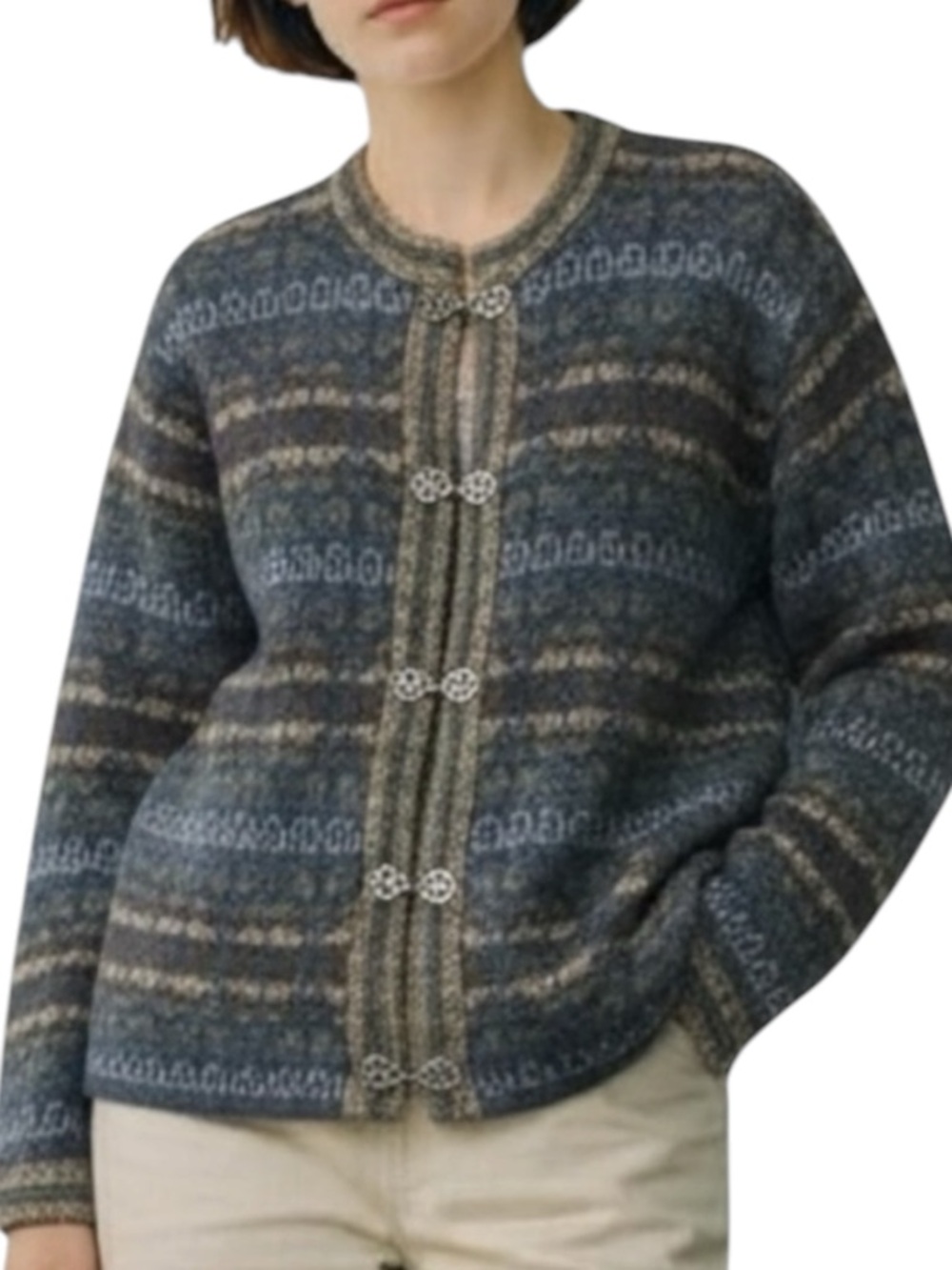 NEWTON TRADING COMPANY 100% Wool Nordic Ethnic Folk Cardigan in Blue/Brown MED